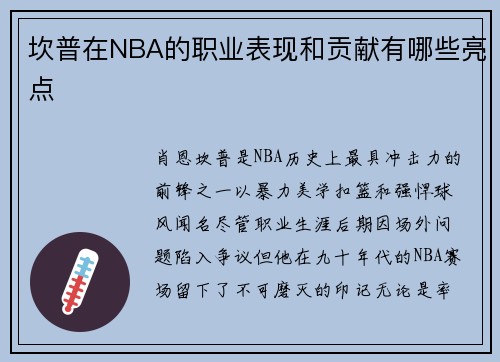 坎普在NBA的职业表现和贡献有哪些亮点