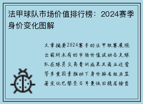 法甲球队市场价值排行榜：2024赛季身价变化图解